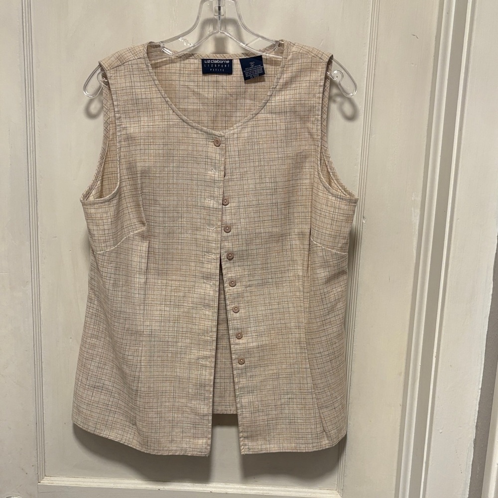 Liz Claiborne Beige Pastel Linen Blend Vest Sleeveless Top Button Down LP